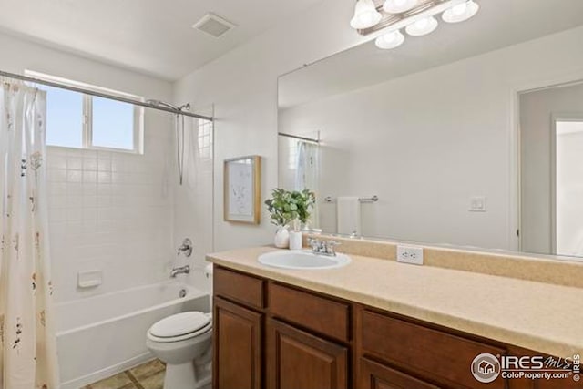 full bath with toilet, visible vents, shower / bathtub combination with curtain, and vanity