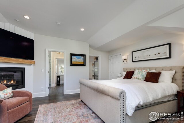 bedroom featuring french doors, multiple windows, wood finished floors, and a fireplace