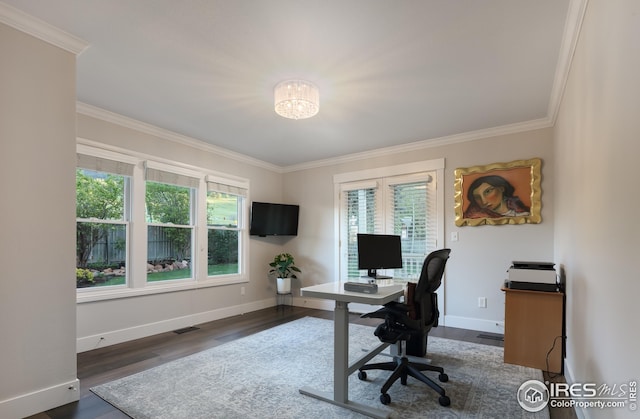 709 Baseline Rd, Boulder, CO 80302 - office area featuring ornamental molding, wood finished floors, baseboards, and a chandelier