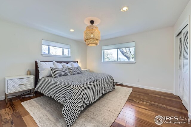 bedroom with a closet, baseboards, hardwood / wood-style floors, and multiple windows