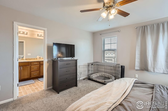 357 Chipman Dr, Windsor, CO 80550 - bedroom featuring connected bathroom, a ceiling fan, baseboards, and light carpet