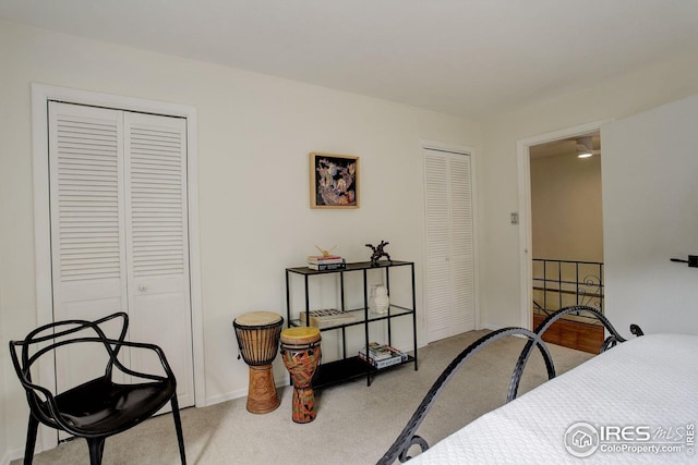bedroom with carpet flooring and two closets