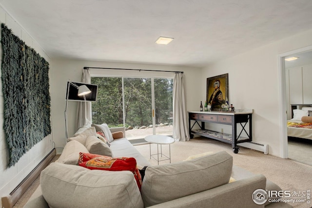 carpeted living area featuring a baseboard radiator