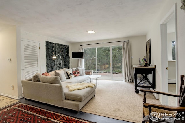 living area with baseboards and a baseboard heating unit