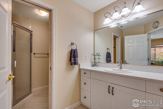 7628 Estate Cir, Niwot, CO 80503 - full bathroom featuring vanity, baseboards, a shower stall, and visible vents