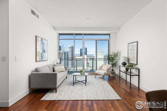 2001 Lincoln St Unit 2113, Denver, CO 80202 - living area with expansive windows, baseboards, wood finished floors, and a city view