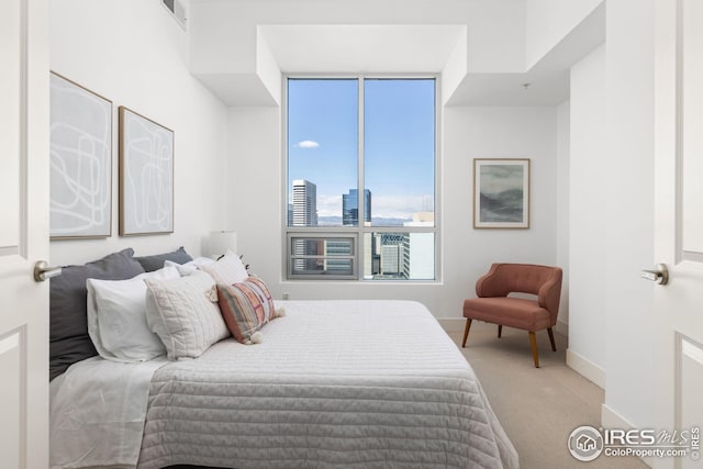 2001 Lincoln St Unit 2113, Denver, CO 80202 - bedroom featuring carpet flooring, baseboards, and a skyline view