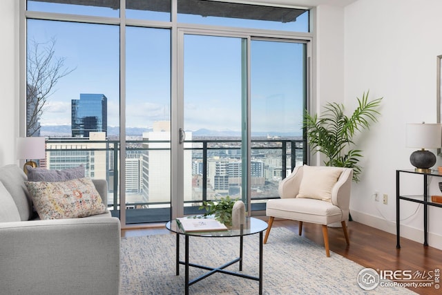 2001 Lincoln St Unit 2113, Denver, CO 80202 - living area featuring wood finished floors, expansive windows, a city view, and baseboards