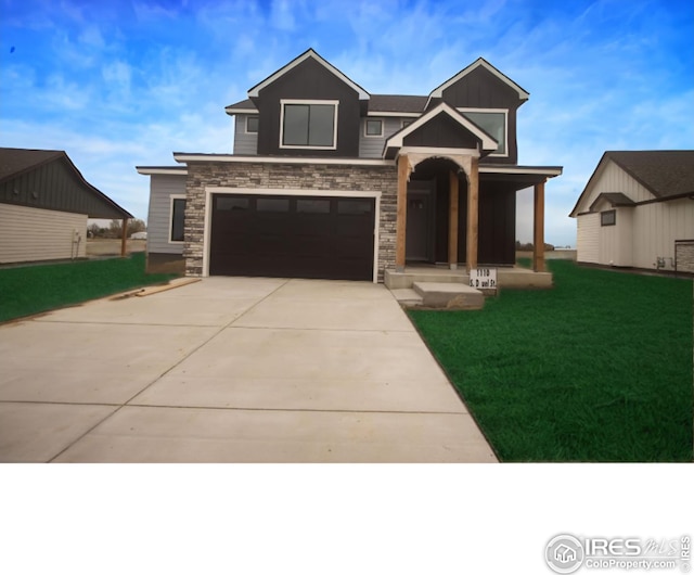 craftsman house featuring concrete driveway, a front lawn, stone siding, and a garage