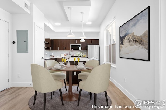 1707 Walnut St Unit 210, Boulder, CO 80302 - dining room with electric panel, light wood-style floors, and baseboards