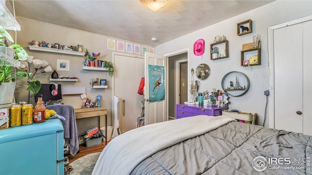 bedroom with wood finished floors and a closet
