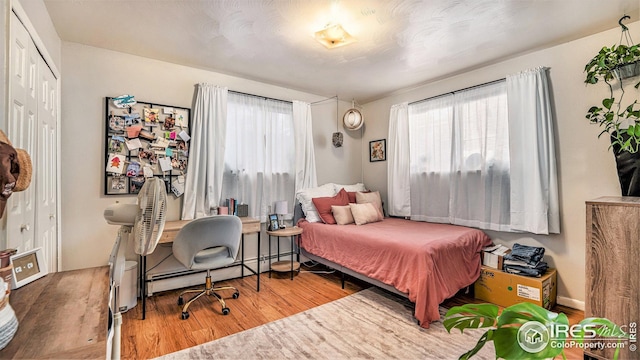 bedroom with wood finished floors, multiple windows, and a baseboard radiator