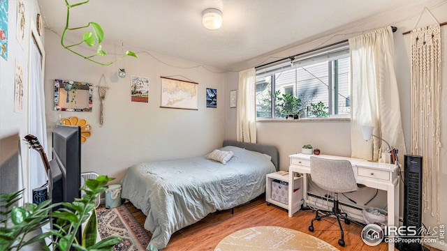 bedroom featuring wood finished floors and a desk