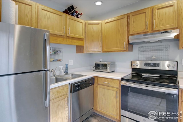 750 W Moorhead Cir Unit A, Boulder, CO 80305 - kitchen with appliances with stainless steel finishes, under cabinet range hood, light countertops, light brown cabinets, and recessed lighting