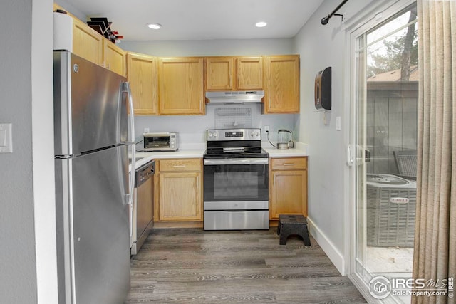 750 W Moorhead Cir Unit A, Boulder, CO 80305 - kitchen featuring appliances with stainless steel finishes, under cabinet range hood, dark wood-style floors, light countertops, and light brown cabinetry