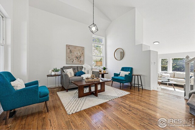 4856 10th St, Boulder, CO 80304 - living area featuring high vaulted ceiling, wood finished floors, and baseboards