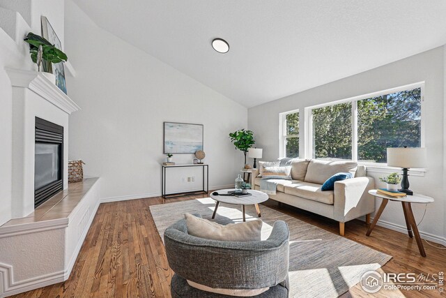 4856 10th St, Boulder, CO 80304 - living area featuring wood finished floors, a glass covered fireplace, baseboards, and high vaulted ceiling