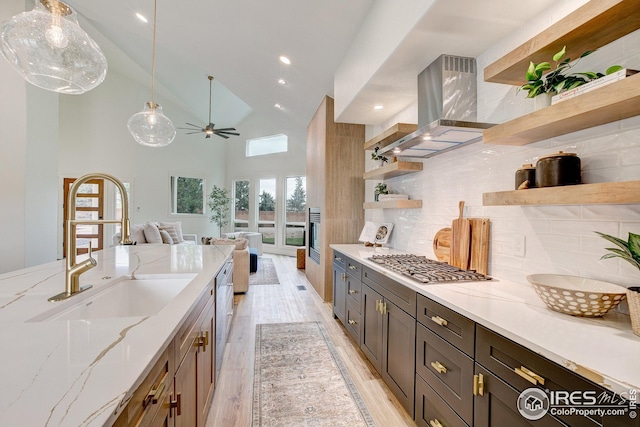 kitchen with open shelves, a sink, range hood, stainless steel appliances, and light wood-type flooring