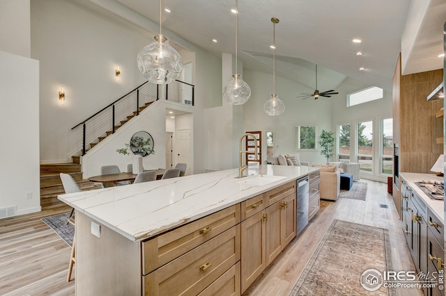 kitchen with open floor plan, high vaulted ceiling, a ceiling fan, a sink, and stainless steel appliances