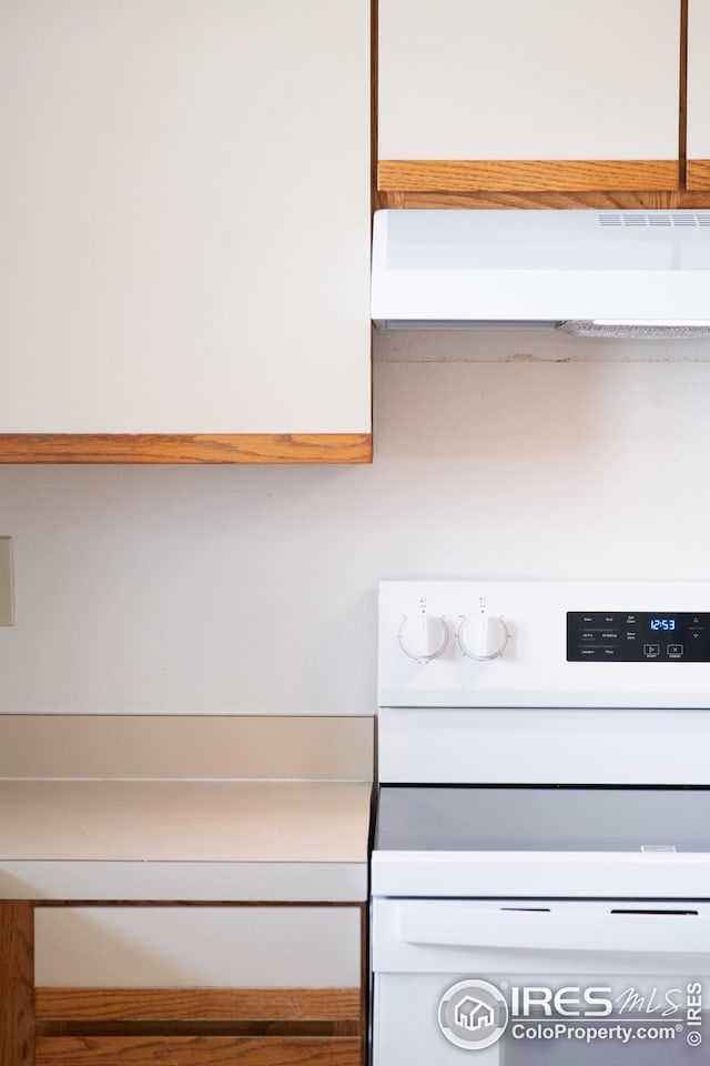 kitchen view of range hood and white electric range