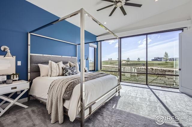 bedroom with ceiling fan and carpet