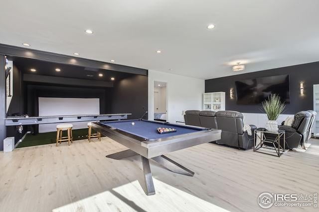 game room featuring wood finished floors, billiards, and recessed lighting