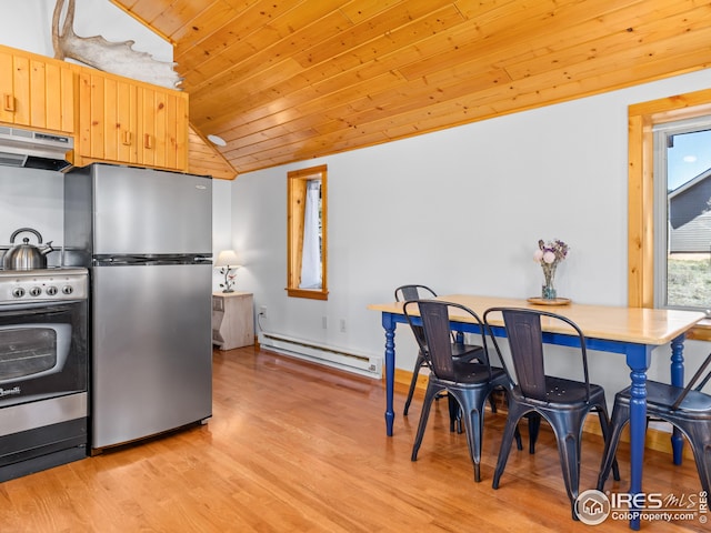 kitchen featuring baseboard heating, stainless steel appliances, wooden ceiling, vaulted ceiling, and light brown cabinetry