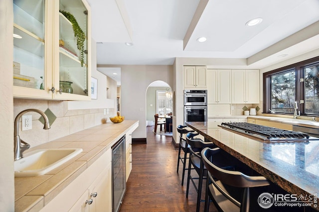 229 Albion St, Denver, CO 80220 - kitchen with a sink, arched walkways, stainless steel appliances, a breakfast bar, and tasteful backsplash