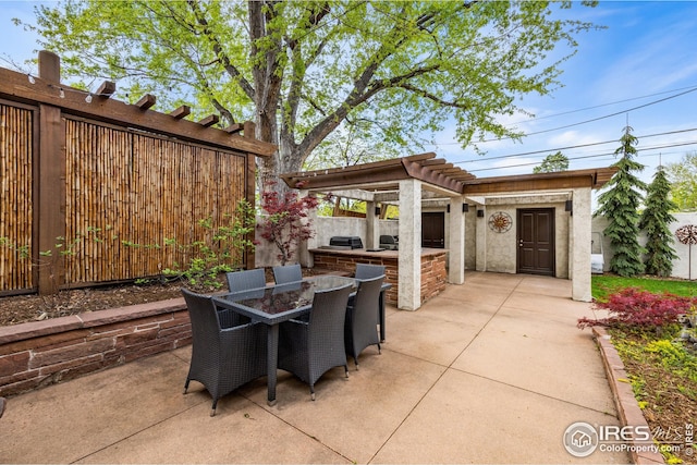 229 Albion St, Denver, CO 80220 - view of patio with area for grilling, outdoor dining area, and a pergola