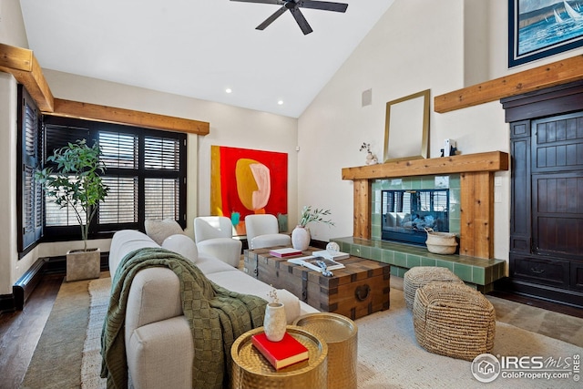 229 Albion St, Denver, CO 80220 - living area featuring high vaulted ceiling, ceiling fan, wood finished floors, and recessed lighting