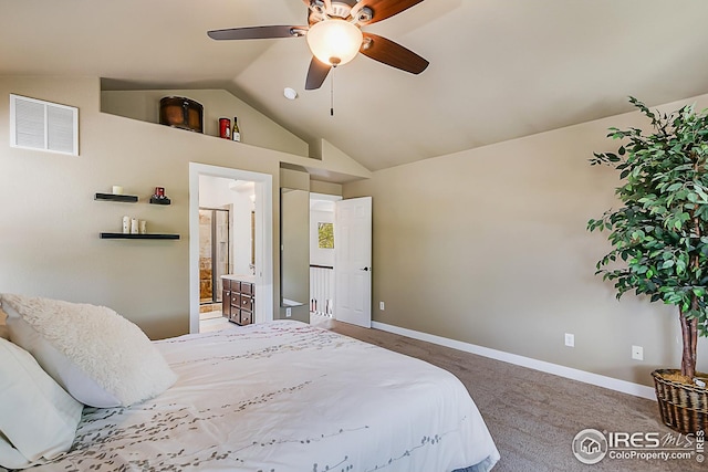 1108 Basin Ct, Windsor, CO 80550 - carpeted bedroom featuring baseboards, ensuite bathroom, a ceiling fan, and high vaulted ceiling