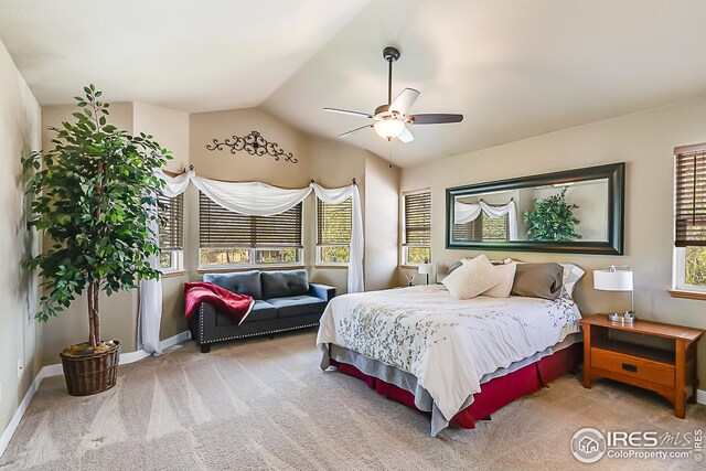 1108 Basin Ct, Windsor, CO 80550 - carpeted bedroom with baseboards, lofted ceiling, and a ceiling fan