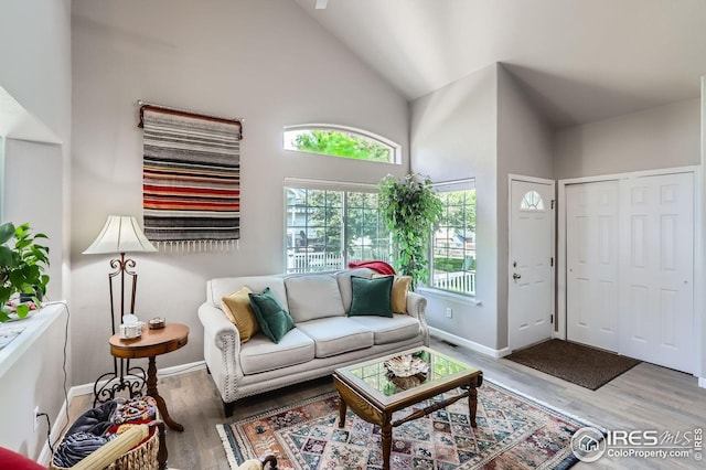living room featuring wood finished floors, high vaulted ceiling, and baseboards