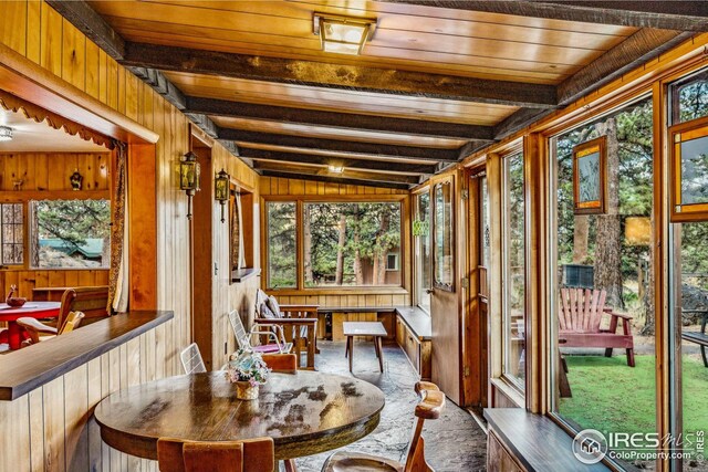 2450 Eagle Cliff Rd, Estes Park, CO 80517 - sunroom / solarium featuring beam ceiling and outdoor dining space