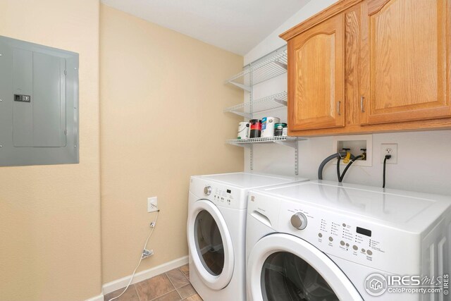955 Sunchase Dr, Fort Collins, CO 80524 - laundry room featuring electric panel, separate washer and dryer, baseboards, and cabinet space