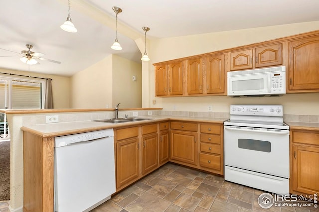 955 Sunchase Dr, Fort Collins, CO 80524 - kitchen with white appliances, a sink, a peninsula, ceiling fan, and light countertops