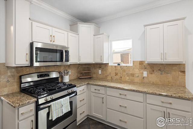 3039 W Denver Pl, Denver, CO 80211 - kitchen with appliances with stainless steel finishes, white cabinets, crown molding, light stone counters, and decorative backsplash