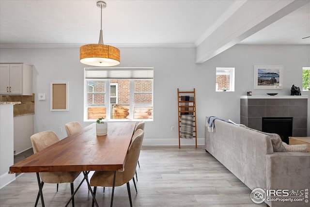 3039 W Denver Pl, Denver, CO 80211 - dining room with light wood-style flooring, a fireplace, ornamental molding, and baseboards