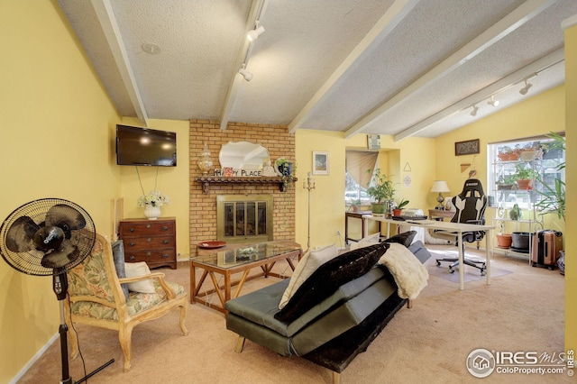 2620 Lloyd Cir, Boulder, CO 80304 - carpeted living room featuring track lighting, healthy amount of natural light, a brick fireplace, a textured ceiling, and beam ceiling