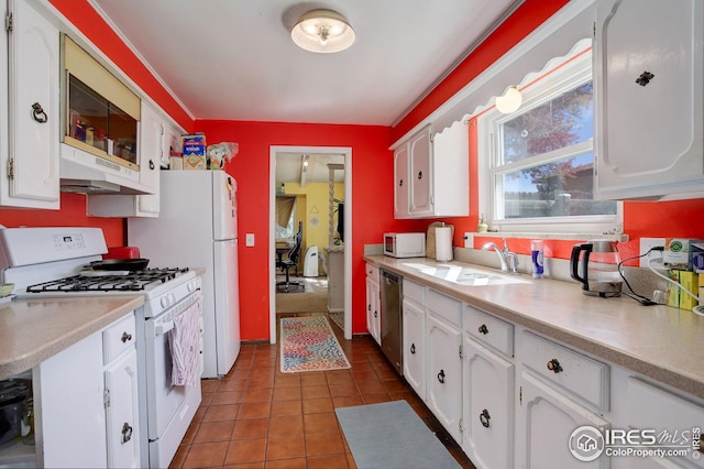 2620 Lloyd Cir, Boulder, CO 80304 - kitchen with white appliances, white cabinetry, under cabinet range hood, and a sink