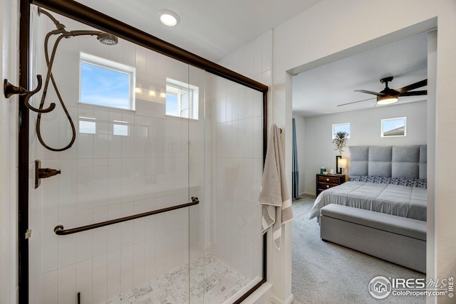 542 Highlands Cir, Erie, CO 80516 - ensuite bathroom featuring healthy amount of natural light, a shower stall, and a ceiling fan
