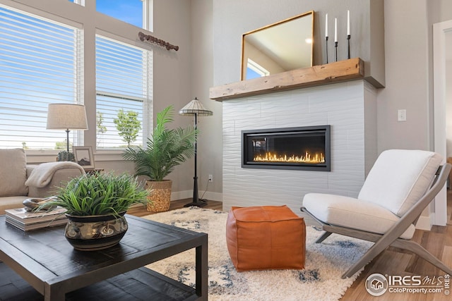 6752 Castello St, Timnath, CO 80547 - living area with wood finished floors, a tiled fireplace, and baseboards