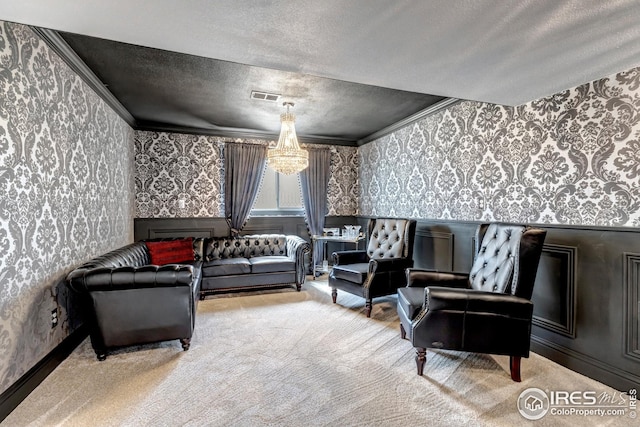 1006 4th St, Pierce, CO 80650 - sitting room featuring wallpapered walls, a chandelier, carpet, a textured ceiling, and ornamental molding