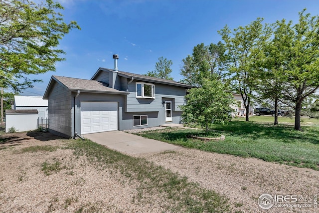1006 4th St, Pierce, CO 80650 - bi-level home with concrete driveway, a garage, a front yard, and roof with shingles