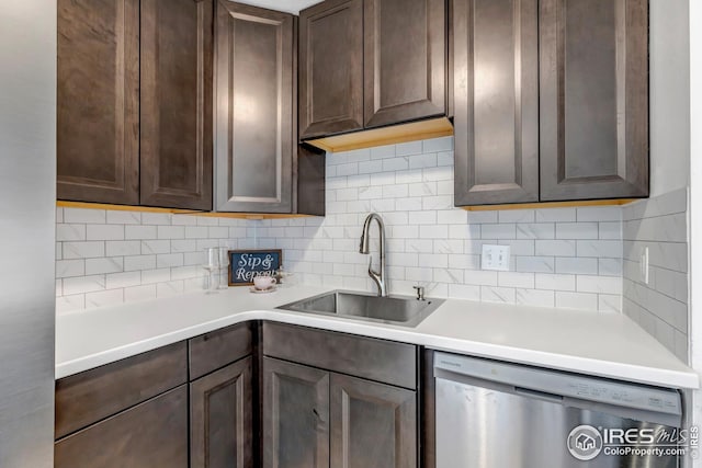 1006 4th St, Pierce, CO 80650 - kitchen featuring stainless steel dishwasher, a sink, dark brown cabinets, and light countertops