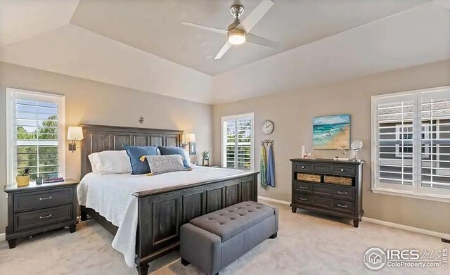 2639 County Fair Ln, Fort Collins, CO 80528 - bedroom with light carpet, baseboards, ceiling fan, and vaulted ceiling