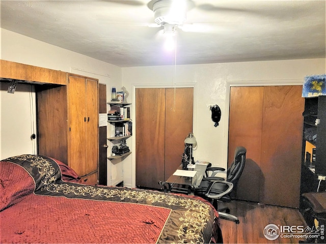 402 N Washington Ave, Fleming, CO 80728 - bedroom featuring multiple closets, wood finished floors, and a ceiling fan