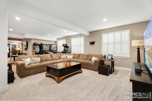 1030 Larimer Ridge Pkwy, Timnath, CO 80547 - living area featuring carpet flooring, recessed lighting, beam ceiling, and baseboards