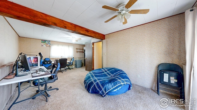 8208 Peakview Dr, Fort Collins, CO 80528 - carpeted office with a ceiling fan, wallpapered walls, and beam ceiling