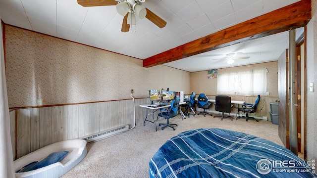 8208 Peakview Dr, Fort Collins, CO 80528 - bedroom with a baseboard radiator, carpet, a wainscoted wall, wallpapered walls, and wooden walls